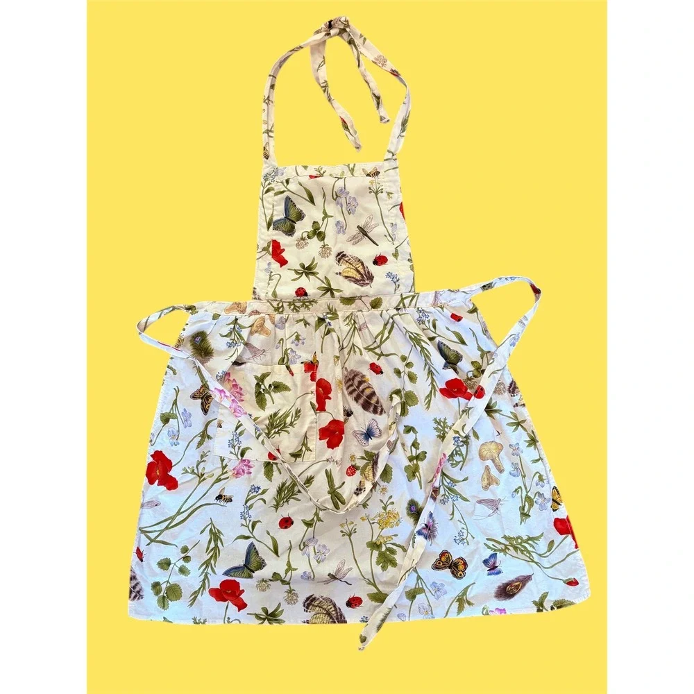 Now Designs Botanical Butterfly Floral Cotton Bib Apron White Multi Made in USA